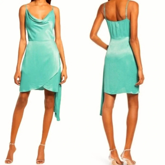 Saylor Mykonos Cowl Neck Satin Dress Blue Green Size XL - Picture 8 of 8